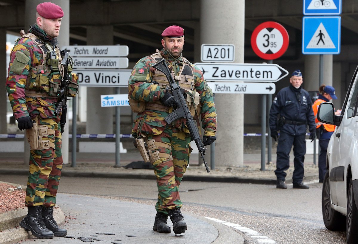 Belgian troops at a roadblock near Brussels' Zaventem Airport after Tuesday's bomb attacks in Brussels.