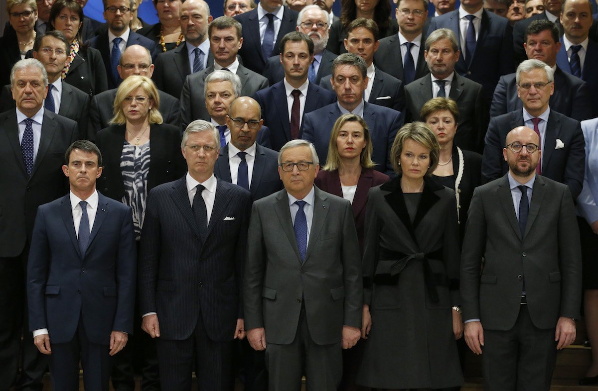 A minute of silence was observed Wednesday for victims of Tuesday's bomb attacks in Brussels. Front row, from left: French Prime Minister Manuel Valls, King Philippe of Belgium, EU Commission President Jean-Claude Juncker, Belgian Queen Mathilde and Belgian Prime Minister Charles Michel.