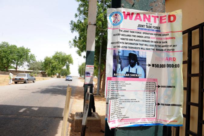 A wanted poster shows Boko Haram leader Abubakar Shekau in Maiduguri, Nigeria, May 1, 2013. Shekau has not been heard from since March 2015.