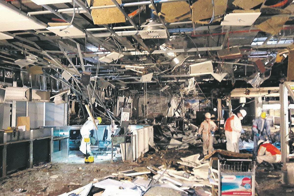 This file photo shows damage inside the departure terminal following the March 22, 2016 bombing at Zaventem Airport, in Brussels, Belgium.