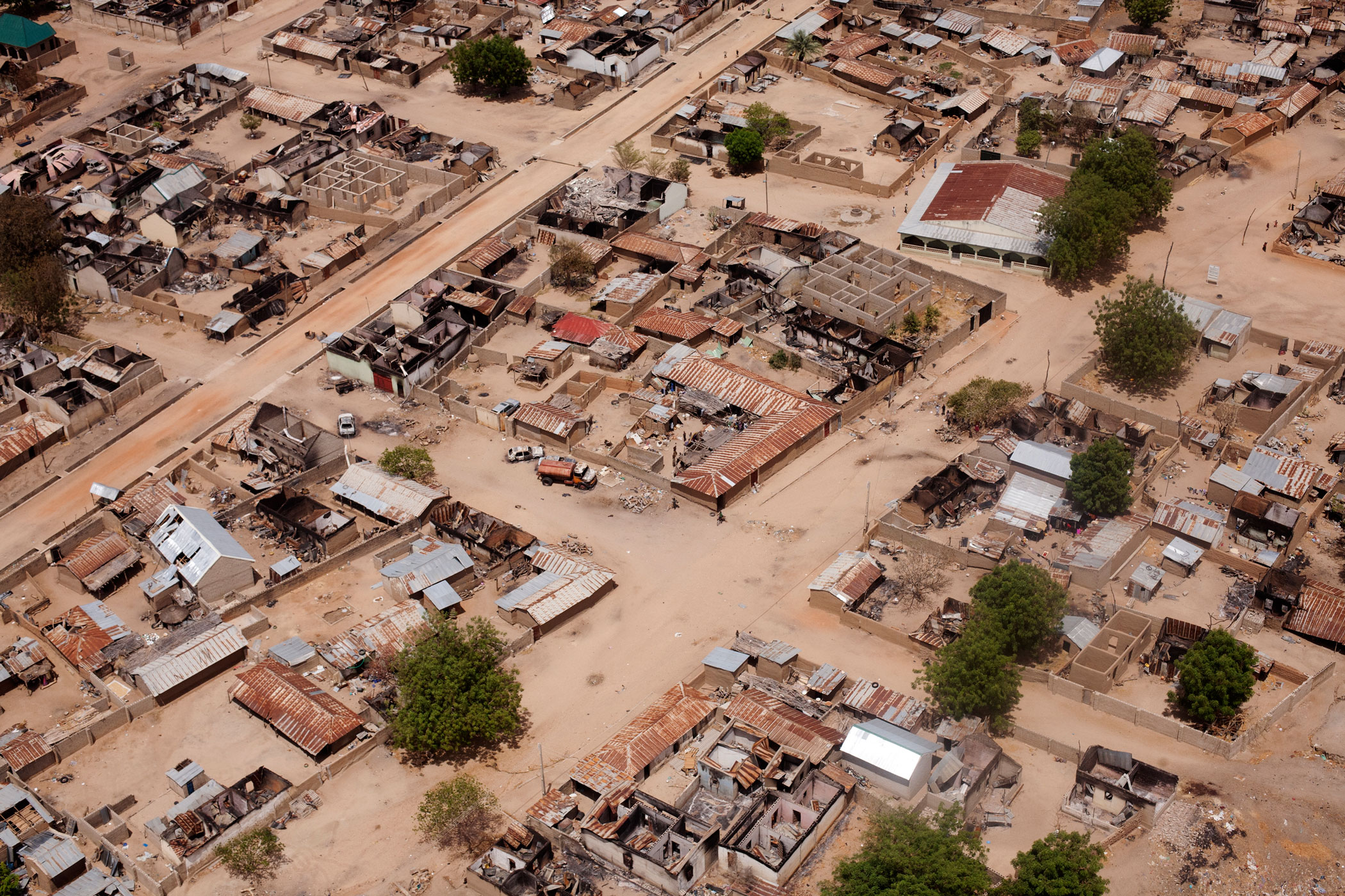 An aerial view of the destroyed town of Gwoza, Boko Haram's base in northern Nigeria, recently retaken by the Nigerians, on April 8, 2015. (Jane Hahn for the Washington Post)