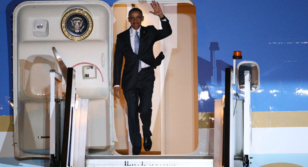 President Barack Obama steps off Air Force One at Stansted Airport in London on April 21. 