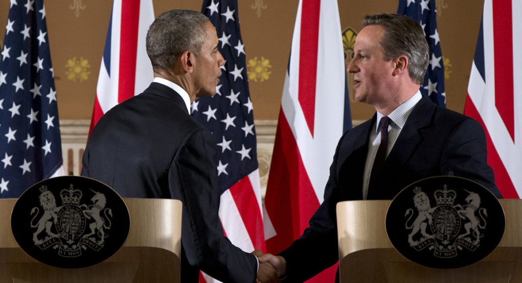 President Obama shakes hands with British Prime Minister David Cameron at the conclusion of a joint news conference at 10 Downing Street in London on April 22. 