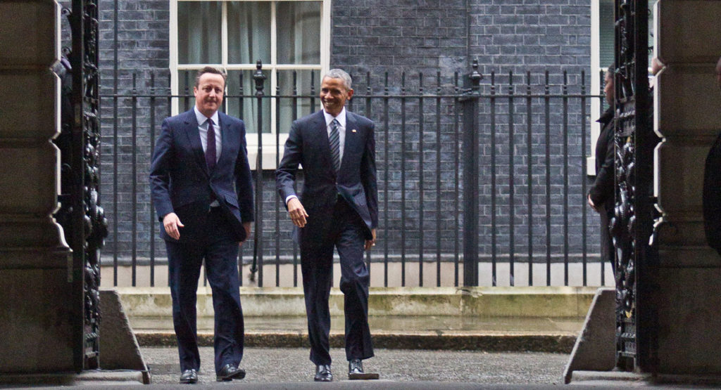 Britain's Prime Minister David Cameron and President Barack Obama walk from Downing Street to the Foreign and Commonwealth Office on April 22. 