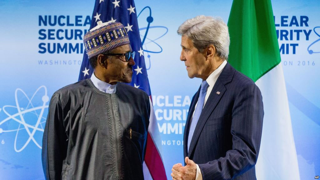 U.S. Secretary of State John Kerry meets with Nigerian President Muhammadu Buhari at the Nuclear Security Summit at the Walter E. Washington Convention Center in Washington, March 31, 2016.