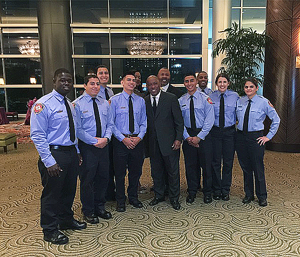 The Honorable Houston Mayor Sylvester Turner with cadets in the HCC Robert Garner Firefighter Academy at the HCC Foundation Scholarship Gala 2016.