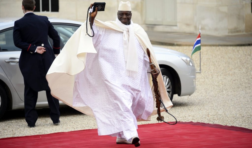 Gambia's President Yahya Jammeh arrives at the Elysee palace to participate in the Elysee summit for peace and safety in Africa, on December 6, 2013 in Paris. AFP PHOTO/ ALAIN JOCARD (Photo credit should read ALAIN JOCARD/AFP/Getty Images)