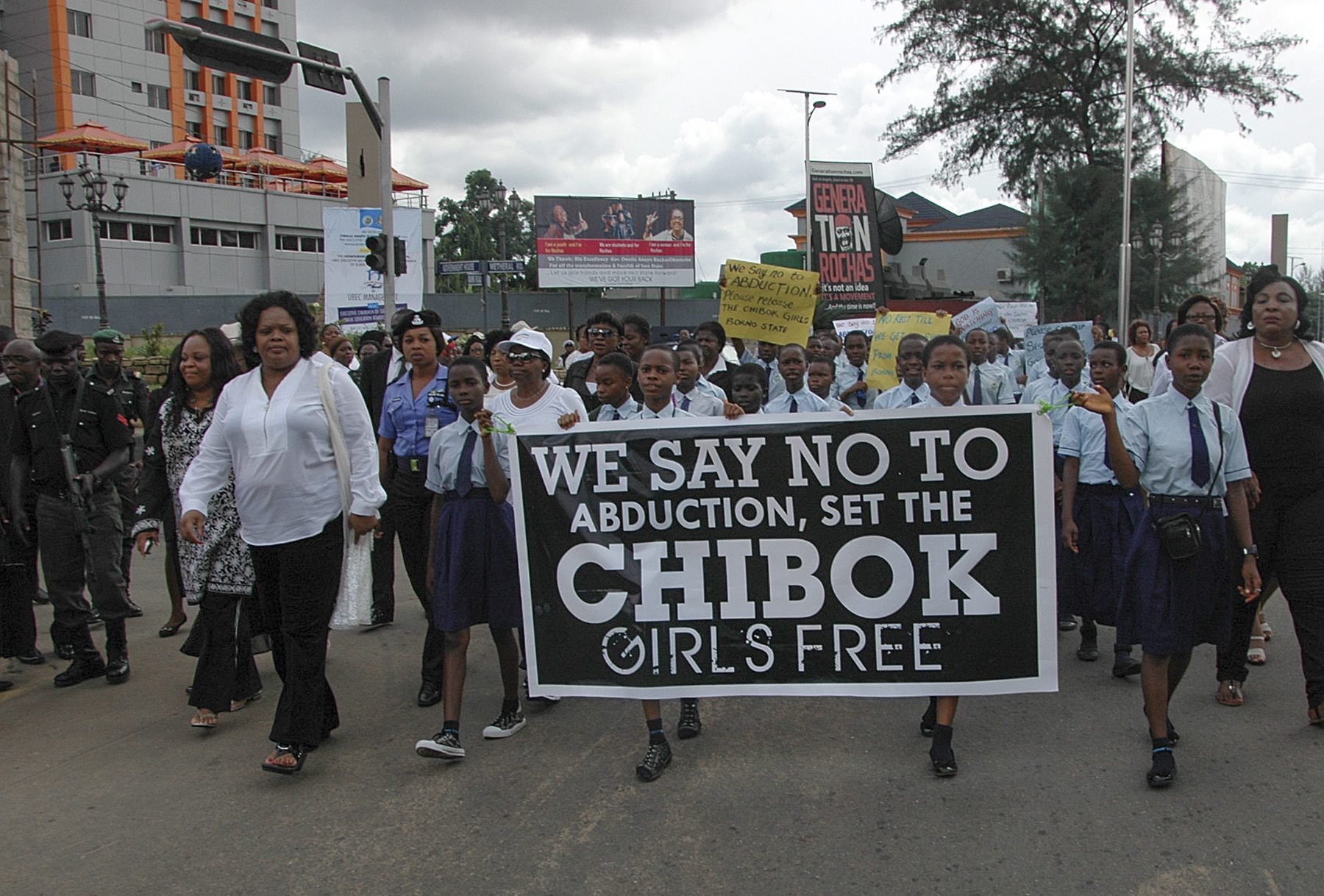  Nigerian teachers and students protest over the Nigerian government's failure to rescue the abducted Chibok school girls, in Owerri, Nigeria, 09 May 2014. 276 girls were abducted from their school  by the terror group Boko Haram. None of the girls have been found to date.  EPA/STR