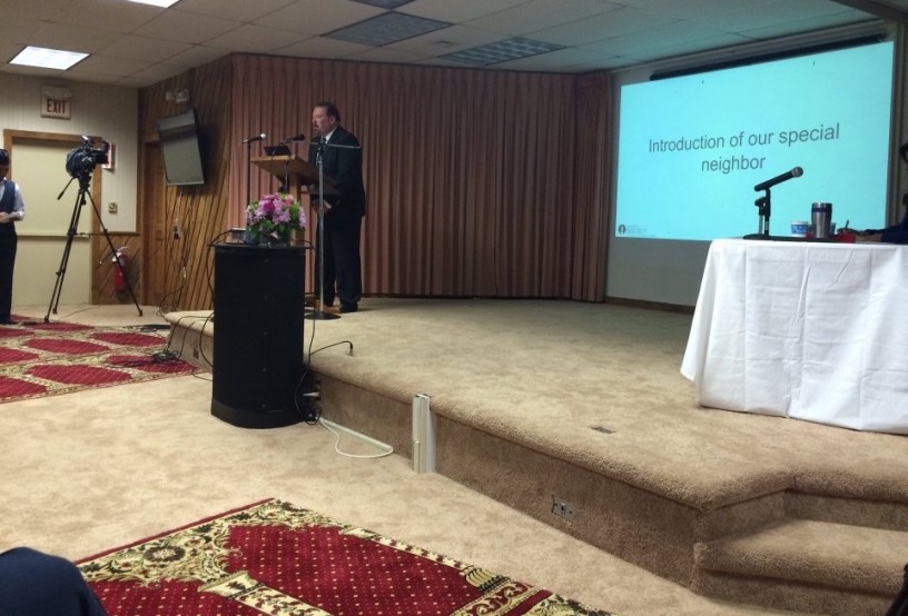 Ted Hakey speaking to the members of the Baitul Aman mosque on Saturday, April 2. He apologized for firing shots at their house of worship in January. CREDIT: ZAHIR MUHAMMAD MANNAN