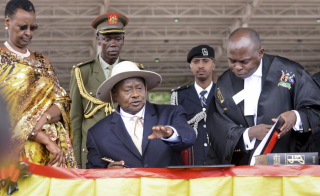 President Yoweri Museveni, 71, was inaugurated in the capital, Kampala, in a ceremony attended by dignitaries from across Africa, including Zimbabwean President Robert Mugabe, South African President Jacob Zuma and President Omar al-Bashir of Sudan. Tribal dancers entertained the crowd and Ugandan military aircraft, including Russian-made fighter jets, performed an air show over the venue.