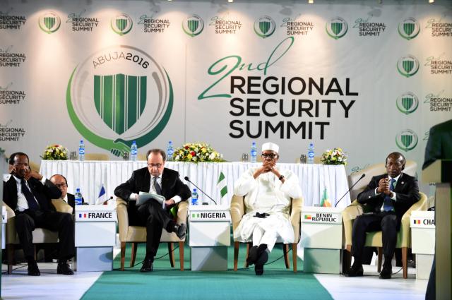 French President Francois Hollande, second from left, and Nigerian President Muhammadu Buhari, second from right, at a regional security summit in Abuja, Nigeria, May 14. Boko Haram remains a key threat to countries in West Africa.