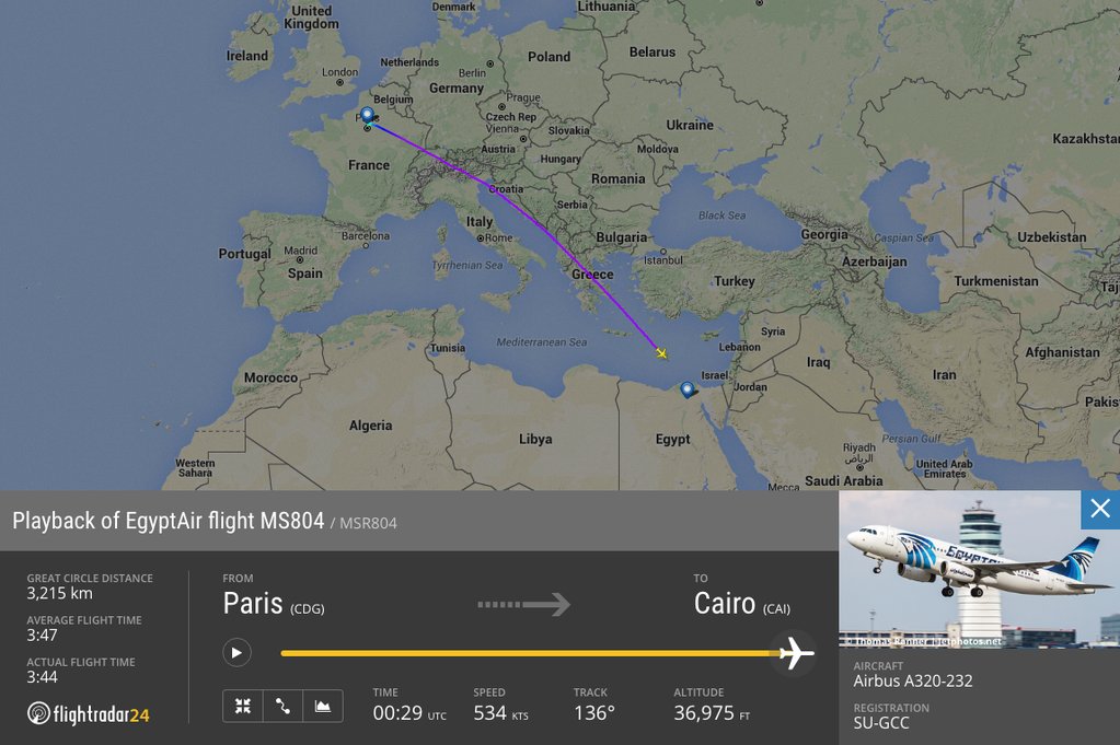 An informed source at EGYPTAIR stated that Flight no MS804,which departed Paris at 23:09 (CEST),heading to Cairo has disappeared from radar. 9:57 PM - 18 May 2016 