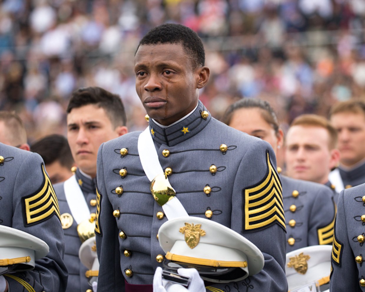 Cadet Alix Idrache sheds tears of joy during the commencement for the US Military Academy's class of 2016 at Michie Stadium in West Point, New York, on May 21.