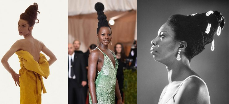 Iconic though the two actresses may be, the latter wasn't the intended reference for the very cool updo Nyong'o sported at Monday's Met Gala, as Vogue suggested. Noting that the Eclipsed actor cited Nina Simone as one of the inspirations behind her updo, the fashion magazine attributed her hair to a much less likely source. "The sculptural style is also reminiscent of the updo Audrey Hepburn sported in a 1963 Vogue shoot with Bert Stern," the article reads. 