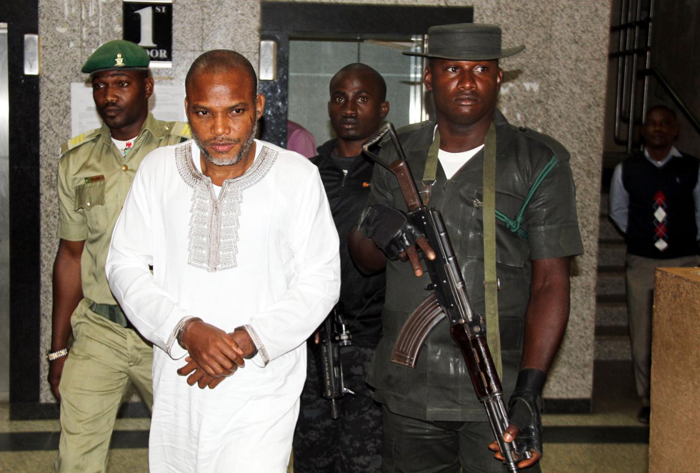 Leader of Indigenous Peoples of Biafra (IPOB), Nnamdi Kanu attends a trial on February 9, 2016. He is accused by the state of "propagating a secessionist agenda" with the intention to "levy war against Nigeria" and has been denied bail. 