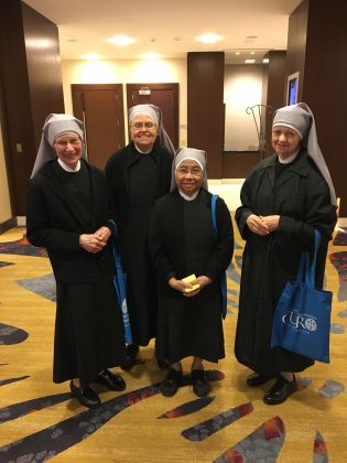 (Left to right) Sr. Mary Bernard, Sr. Mary Michael, Sr. Jeanne Veronique, and Sr. Alphonse Marie, members of the Little Sisters of the Poor convent in Washington, at the 2016 National Catholic Prayer Breakfast