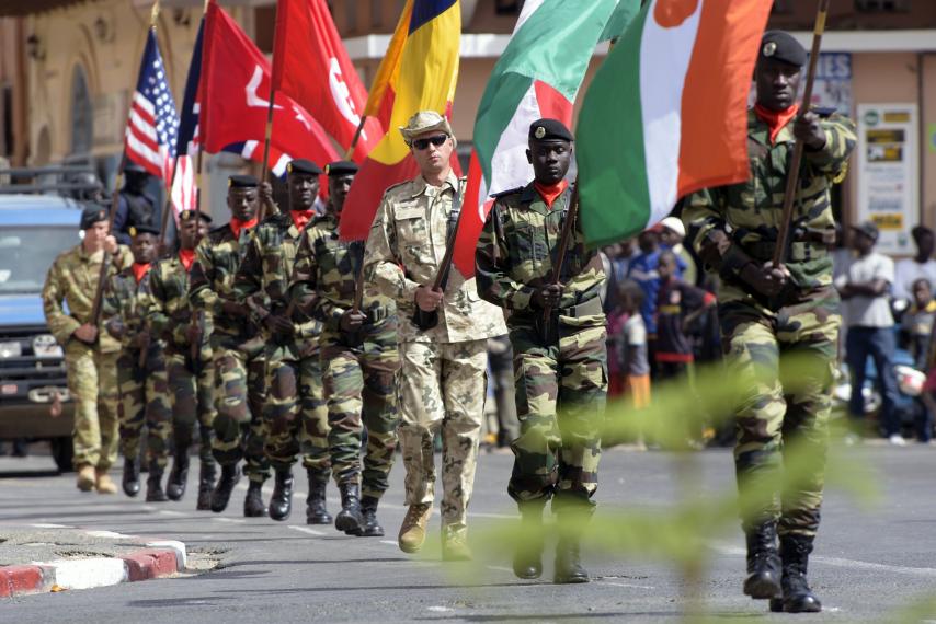Soldiers parade during the closing ceremony of a joint military exercise between African, U.S. and European troops in Saint Louis, Senegal, February 29. The U.S. has signed an agreement increasing access to facilities in the West African country.