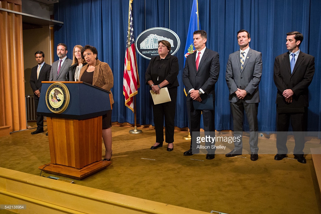 Attorney General Loretta E. Lynch speaks a press conference joined by other law enforcement officials on June 22, 2016 in Washington, DC. (L-R) Deputy Administrator and Director of the Centers for Medicare & Medicaid Services Center for Program Integrity Dr. Shantanu Agrawal, HHS Deputy Inspector General Gary Cantrell, Department of Health and Human Services Secretary Sylvia Mathews Burwell, Assistant Attorney General Leslie R. Caldwell, FBI Associate Deputy Director David Bowdich, U.S. Attorney Wifredo Ferrer of the Southern District of Florida, and Acting Director Dermot O'Reilly of the Defense Criminal Investigative Service. Lynch announced the result of a national Medicare fraud crackdown that took place in 36 districts around the country.