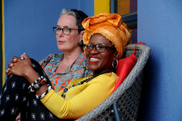 CAPE TOWN, SOUTH AFRICA  MARCH 12 (SOUTH AFRICA OUT): The daughter of Archbishop Emeritus Tutu, Reverend Mpho Tutu and her wife, Professor Marceline Furth laugh during an interview on March 12, 2016 at their home in Cape Town, South Africa. The two celebrated their union in an intimate wedding ceremony. (Photo by Lerato Maduna/Foto24/Gallo Images/ Getty Images)