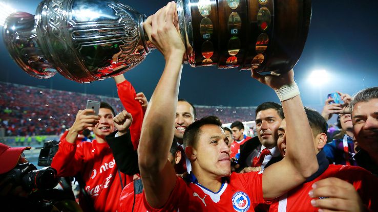 Alexis Sanchez leads the Copa America celebrations for Chile.