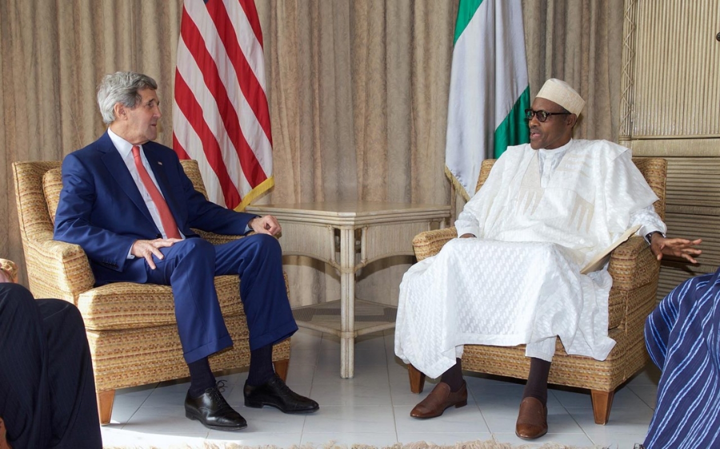 Secretary of States, U.S., John Kerry, and President Muhammadu Buhari. Days after taking office, Nigerian President Muhammadu Buhari also met with President Barack Obama at the White House and o jump-started a frozen bilateral relations.