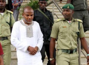 Leader of Indigenous Peoples of Biafra (IPOB), Nnamdi Kanu attends a trial on February 9, 2016. He was denied bail. Kanu, it may be recalled was once granted bail by an Abuja Federal High Court, but was re-arrested with a fresh charge of treasonable felony. According to President Buhari, Kanu had smuggled equipment into the country just to preach hate messages.
