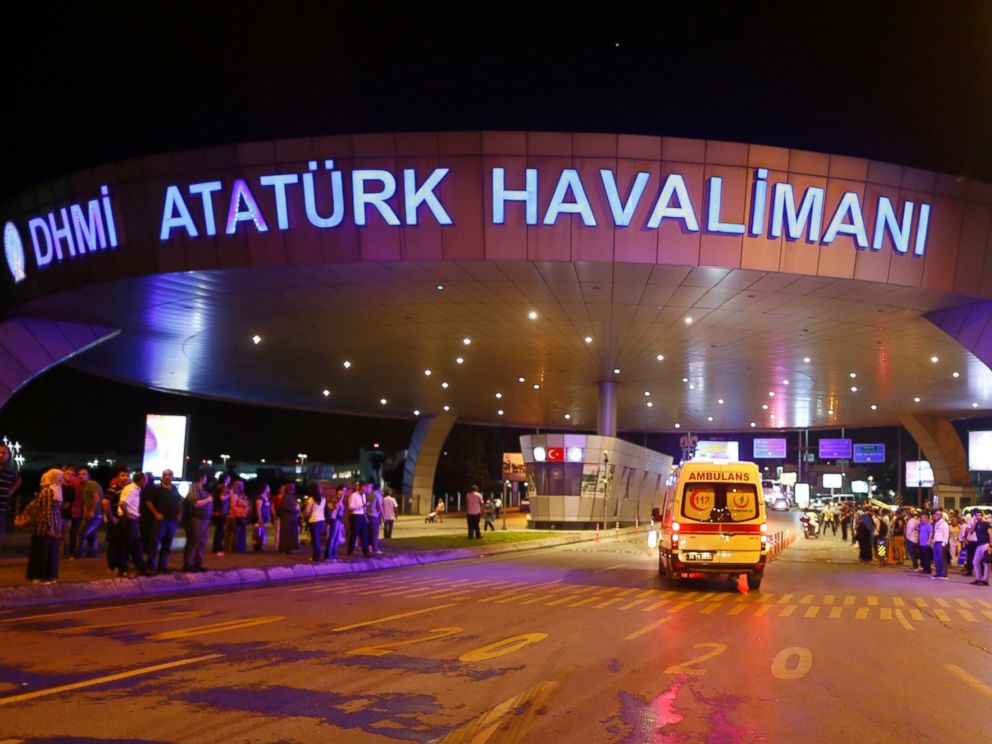 Ambulances arrive at Turkey's largest airport, Istanbul Ataturk, Turkey, following a blast June 28, 2016.