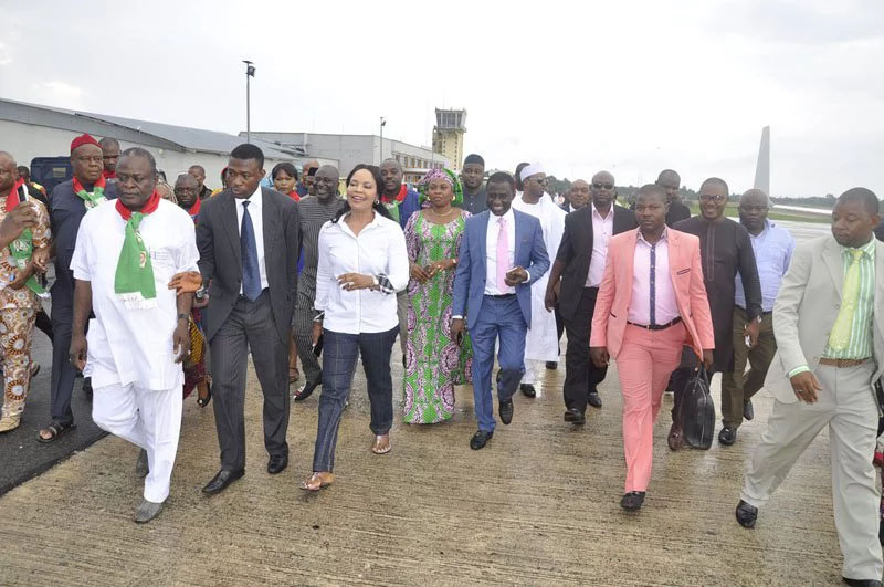 One Atate, two governors...Uche Ogah arrives Sam Mbake Airport. 