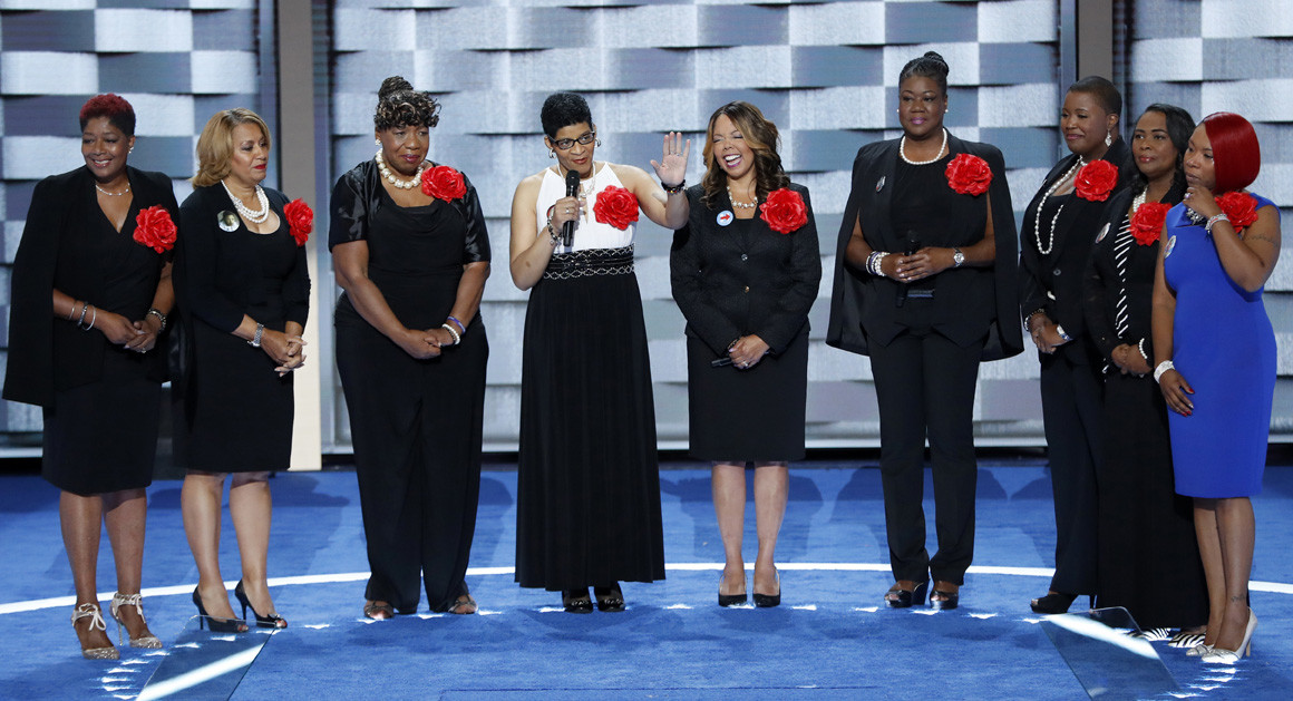 Sybrina Fulton, Geneva Reed-Veal, Lucy McBath, Gwen Carr, Cleopatra Pendleton, Maria Hamilton, Lezley McSpadden and Wanda Johnson from Mothers of the Movement speak during the second day of the convention. | AP Photo Read more: http://www.politico.com/magazine/story/2016/07/hillary-clinton-black-lives-matter-generation-gap-214106#ixzz4Fb9MXWCx Follow us: @politico on Twitter | Politico on Facebook
