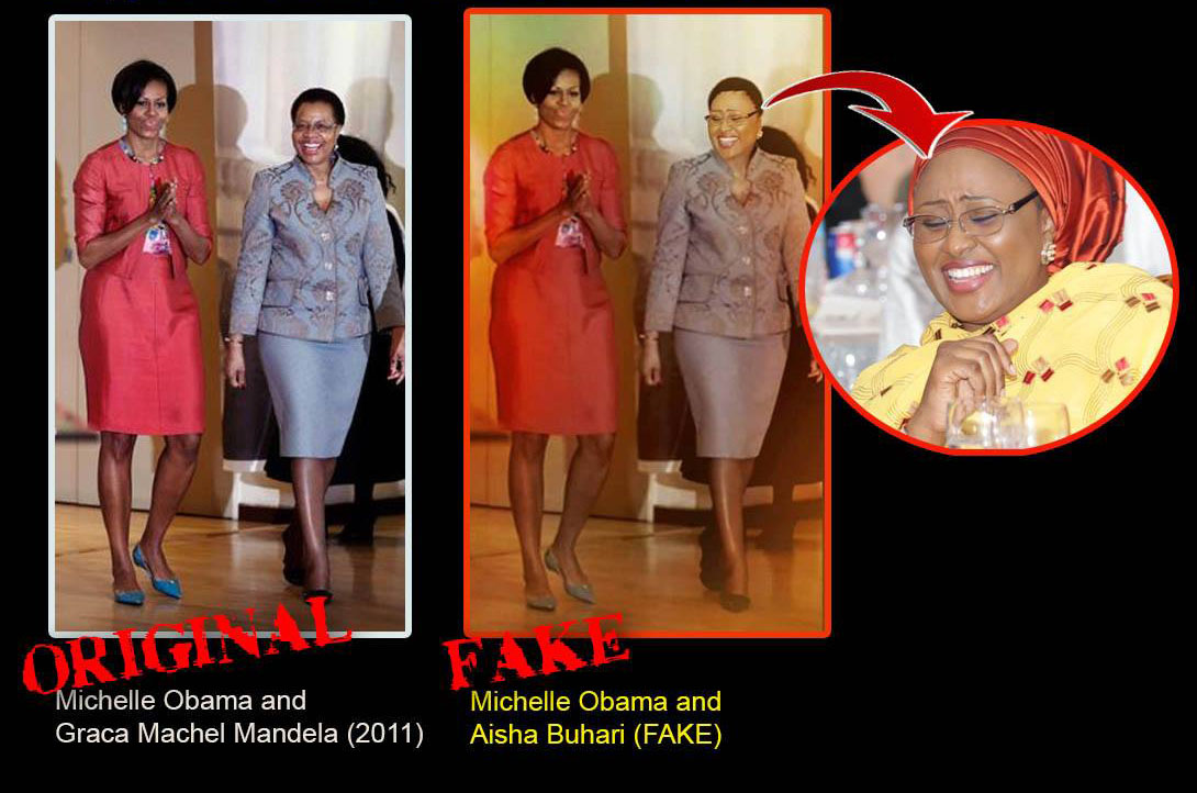 The photo (on the right) showing Michelle Obama and Aisha Buhari is fake. The real photo (left) is Michelle Obama and Graca Machel Mandela taken in 2011 when Michelle met with the Mandelas in Johannesburg, South Africa.
