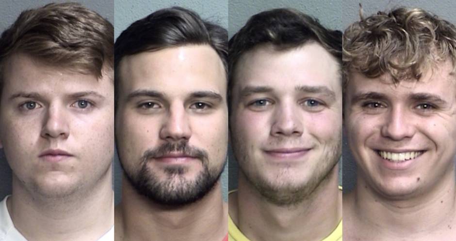 Four men were arrested on drug possession charges after police obtained a search warrant for the Sigma Nu fraternity house. From left: Michael Frymire, 20; Samuel Patterson, 21; Ty Robertson, 21; and Christian Sandford