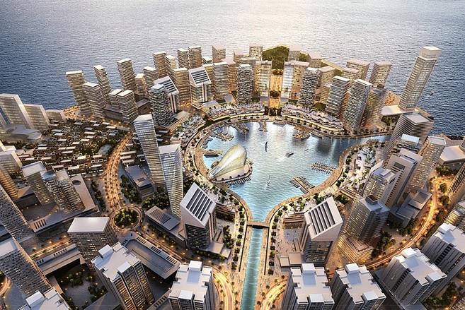This promotional image for Eko Atlantic shows a circular road around the upcoming city's Marina at West Point. 