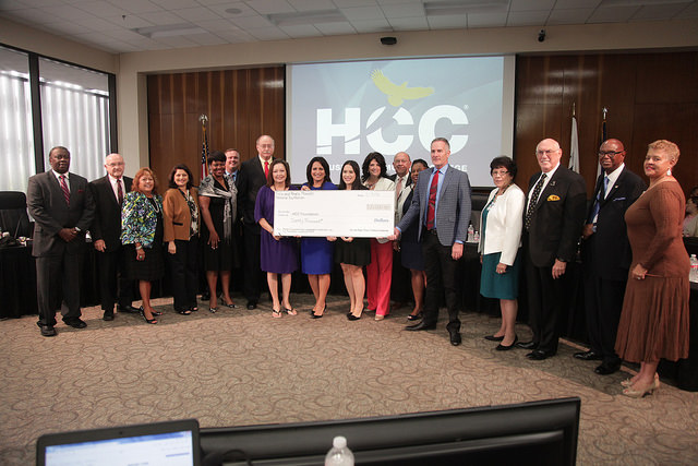 During the August 18, 2016 meeting of the Houston Community College Board of Trustees, representatives with the Felix and Angela Morales Memorial Foundation presented the HCC Foundation a check for $20,000 to support single parents in workforce programs and those taking classes primarily at HCC Southeast.