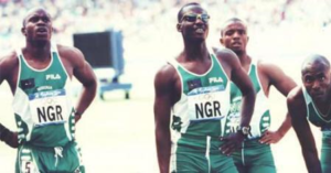 Nigerian athlete Fidelis Gadzama (C, wearing glasses) is pictured alongside his team-mates in the men's 4x400-meter team at the Sydney 2000 Olympics. According to Gadzama, poor preparation and corruption have hampered Nigeria's preparation for the Rio 2016 games. 