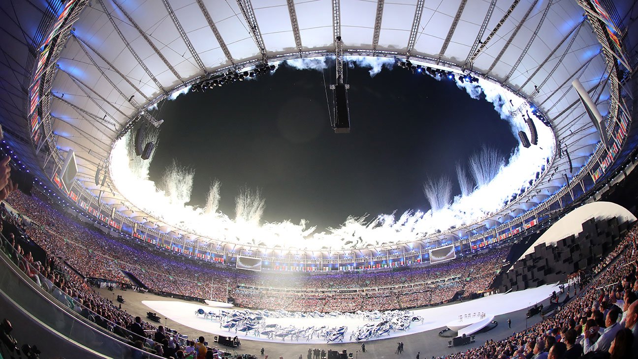 Fireworks set off during an opening ceremony performance at Maracana Stadium.