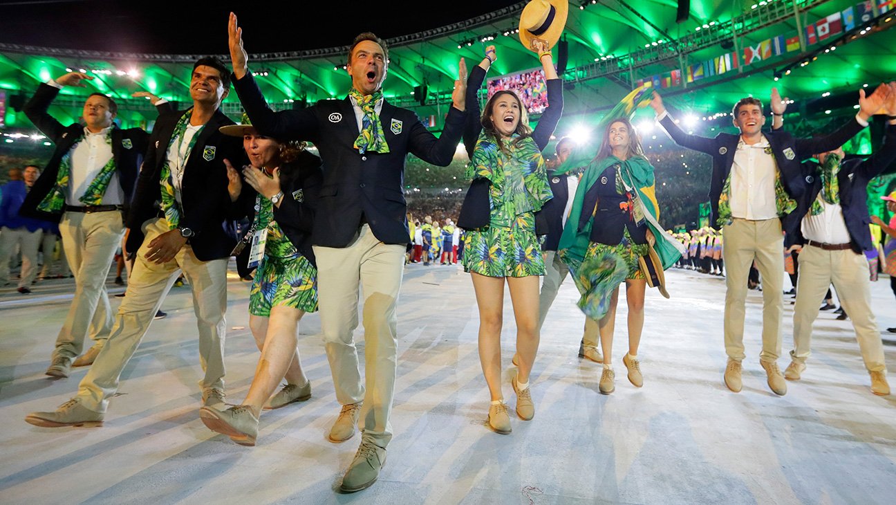 The Brazil Olympic team take part in the opening ceremony.