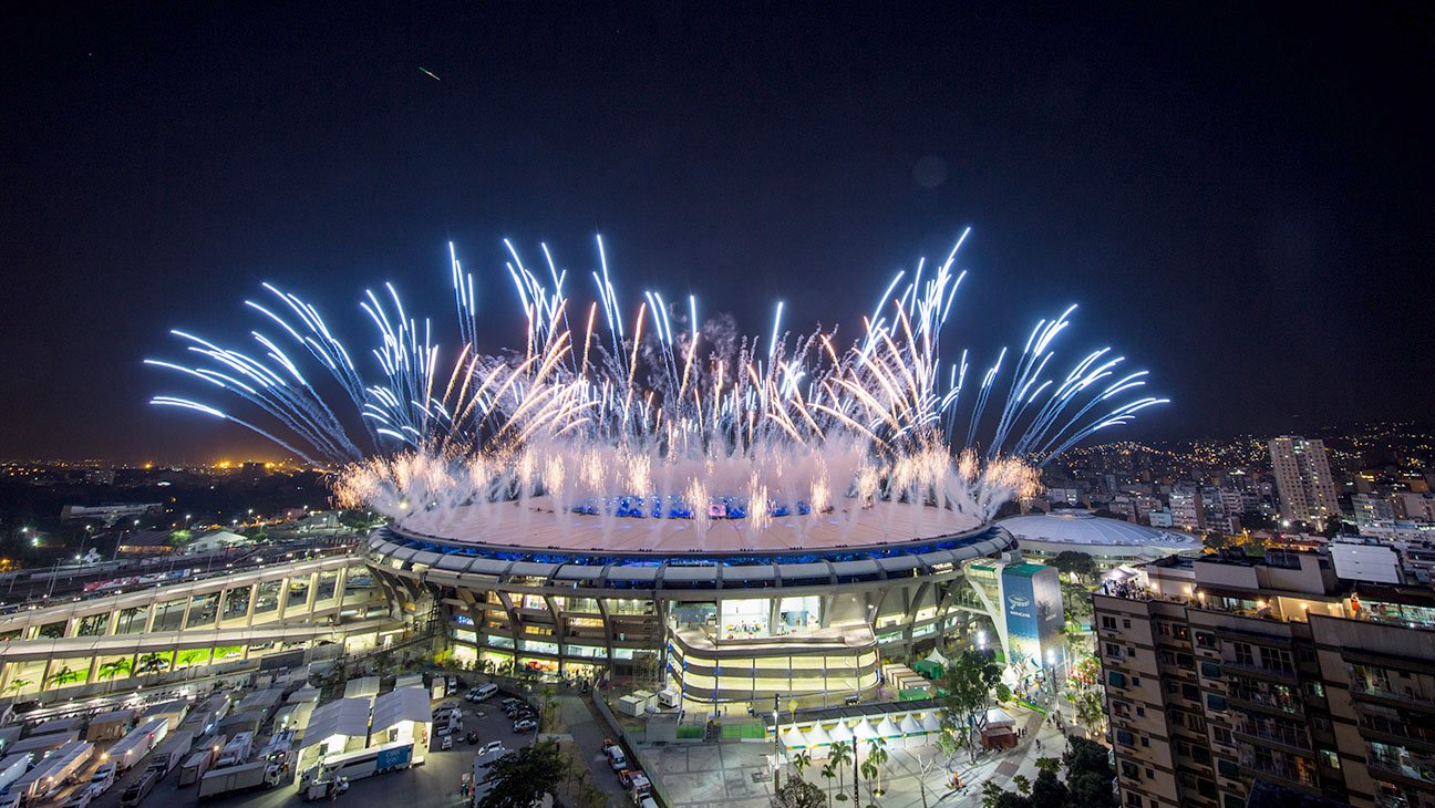 A fireworks spectacle kicks off the 2016 Rio Olympic Games opening ceremony at the Maracana soccer stadium in Rio de Janeiro, Brazil.