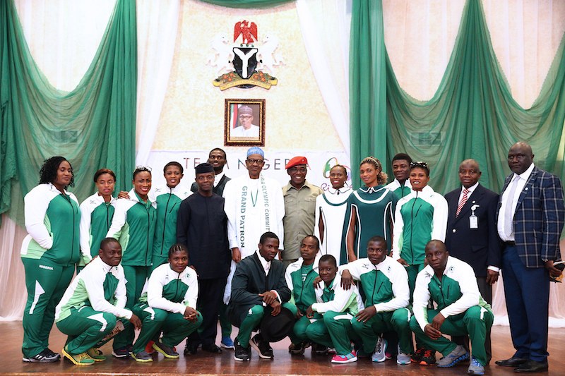 President Muhammadu Buhari in a group photo with Vice President Yemi Osinbajo, Minister of Sports and Youth Development Solomon Dalung, President of Nigerian Olympic Committee Habu Gumel and some national athletes prior to the RIO 2016 Olympic Games. These athletes had to compete under stress of empty pockets; and often rely on athletes from other countries for basic expenses. 