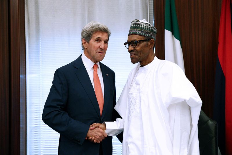 Nigeria's President Muhammadu Buhari (R) receives U.S. Secretary of State John Kerry (L) upon his arrival in Abuja, Nigeria, on August 23. A Christian group has voiced its anger he didn't meet with any Christian representatives.  Stringer/Reuters 