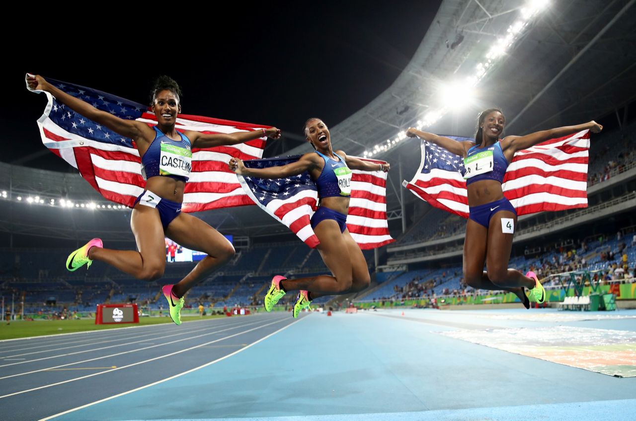 Bronze medalist Kristi Castlin, gold medalist Brianna Rollins and silver medalist Nia Ali of Team USA swept the 100-meter hurdles - the first time any country has ever done so. (Getty)  
