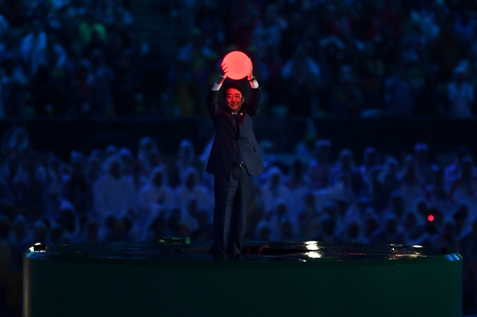 Japan's Prime Minister Shinzo Abe appears during the closing ceremony.