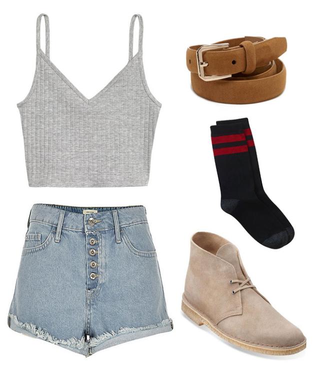 (Clockwise from top left) H&M short jersey camisole top, $9.99, hm.com; Forever 21 skinny faux leather belt, $3.90, forever21.com; No Nonsense socks, $3.97, walmart.com; Clarks women’s desert boots, $120, clarksusa.com; River Island light blue wash distressed ruby denim shorts, $56, riverisland.com. Obama kept it simple with a gray tank top, cutoffs, comfy shoes, and striped socks. Get the look by combining the key pieces, above.