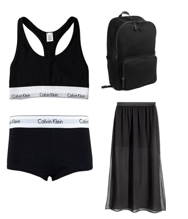 (Clockwise from left) Calvin Klein Underwear Modern cotton bralette and boy shorts, $50, shopbop.com; Everlane modern zip backpack, $68, everlane.com; H&M black chiffon skirt, $12.99, hm.com. The famous daughter also rocked out in all black, with a black racerback crop top, short shorts, and a jacket tied around her waist. We added a black skirt to the look, plus matching CK boy shorts. 