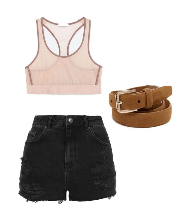 (Clockwise from top left) Zara sheer top, $19.90, zara.com; Forever 21 skinny faux leather belt, $3.90, forever21.com; Topshop moto black ripped shorts, $58, topshop.com. Finally, Obama rolled her waistline with her gal pals in a tiny tube top, black short shorts, and a brown belt. We switched out Malia’s tube for a sporty racerback sheer top in a similar hue.