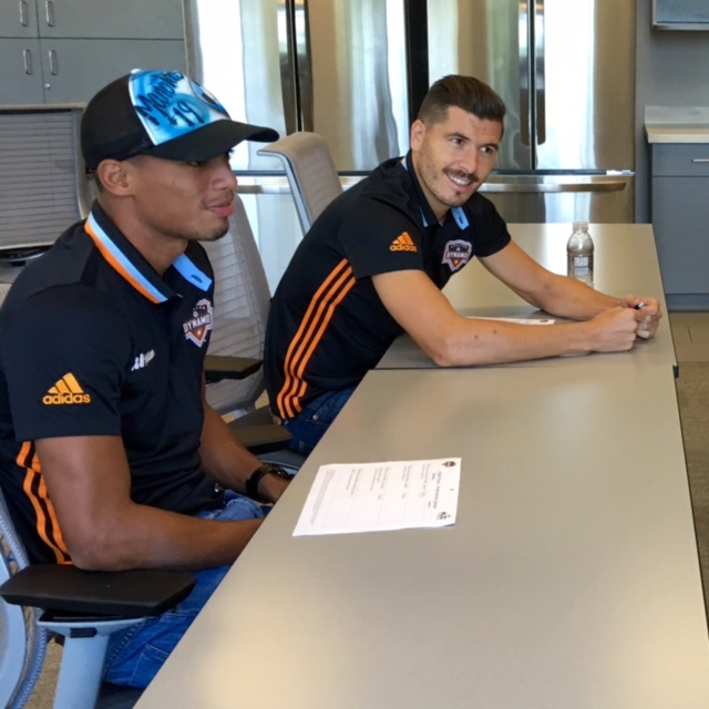 Houston Dynamo players Agustín Garcia Iñiguez and Mauro Manotas take a Workplace English course at the Houston Sports Park, their training facility. The course is offered by The Corporate College at HCC through a partnership with the Dynamo. 