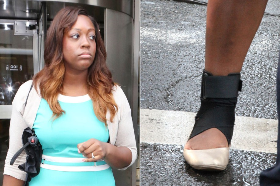 Dominique Sharpton, Al Sharpton's eldest child, in Manhattan on July 14, 2016. At right: the ankle brace on Dominique Sharpton's right leg.
