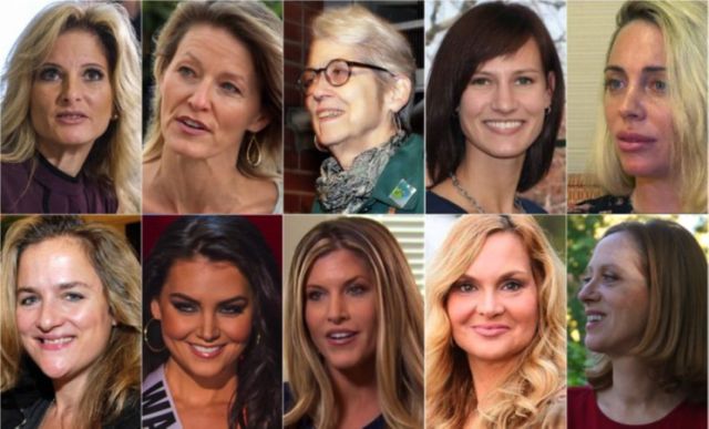 Trump’s accusers, from top left: Summer Zervos, Kristen Anderson, Jessica Leeds, Rachel Crooks, Mindy McGillivray, Natasha Stoynoff, Cassandra Searles, Temple Taggart, Jill Harth, Cathy Heller (Photos: AP, ABC News, NBC, Getty Images, Molly Redden/The Guardian, Linkedin, Twitter, WireImage) 