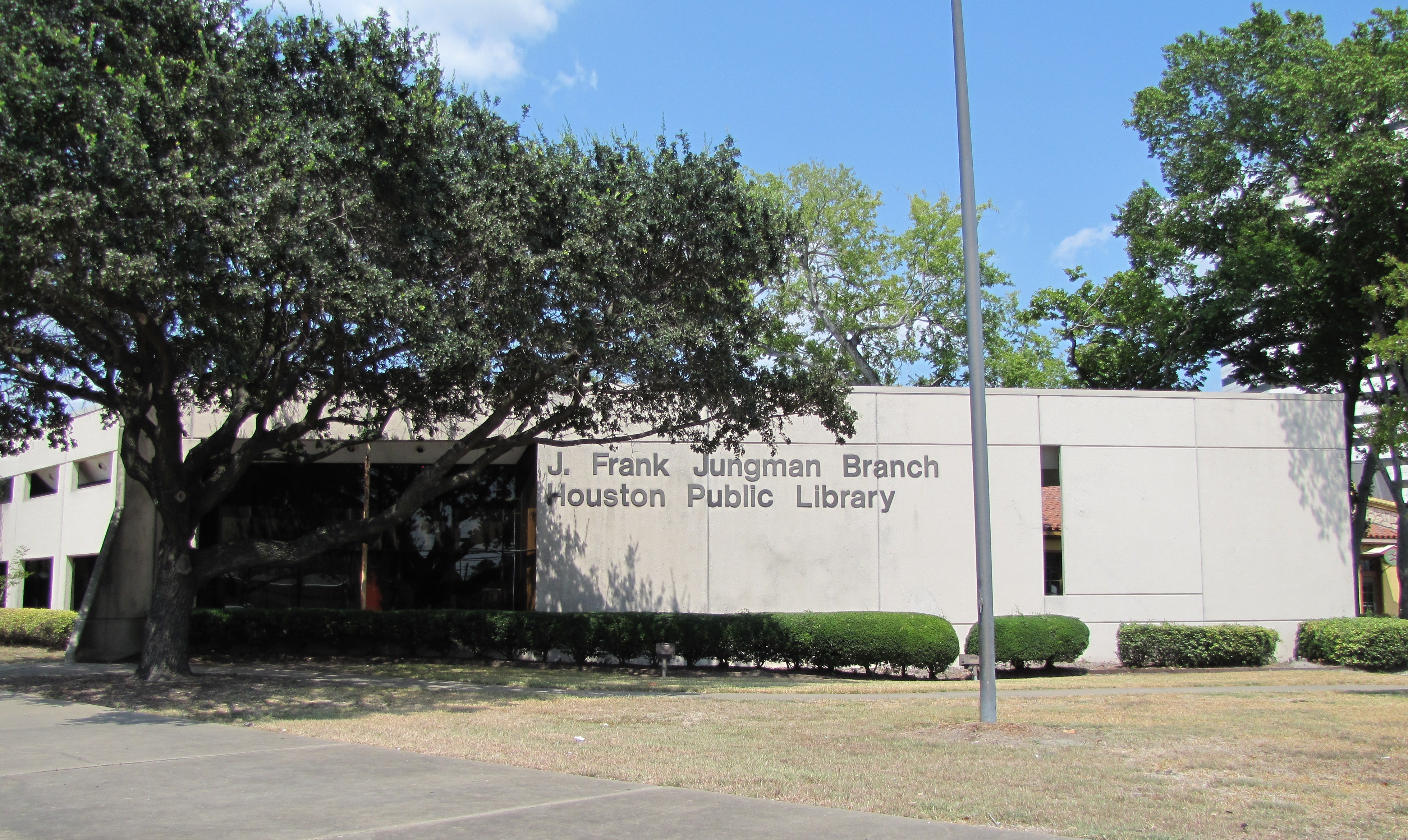 The Jungman Neighborhood Library opened in 1975. The facility is named after J. Frank Jungman who was active in the diverse businesses of cotton, oil, banking, and real estate, and who dedicated time and energy throughout his life to the betterment of Houston's civic, religious, and cultural life. 