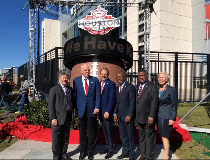 File photo: Mayor Sylvester Turner with Harris County Judge Ed Emmett, Harris County Precinct One Commissioner Gene Locke, Houston Texans Founder and CEO Bob McNair, Houston Super Bowl Host Committee Chairman Ric Campo and Host Committee President and CEO Sallie Sargent in front of Houston's Super Bowl Countdown Clock at NRG Stadium.