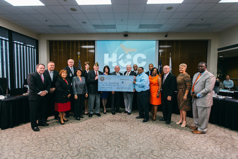 During the October meeting of the HCC Board of Trustees, members of both organizations presented the HCC Foundation with a check for $10,000 with $7,500 coming from the VFW Post 9182 and the remaining $2,500 from the Texas VFW Foundation.